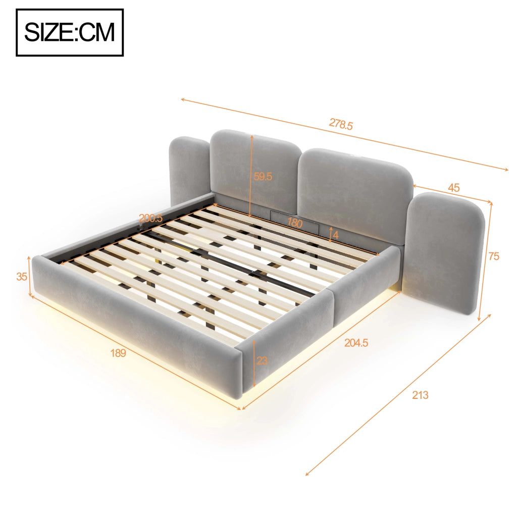 Letto contenitore 180 × 200 cm con sollevamento idraulico; LED RGB; USB e USB-C; rivestito in velluto grigio