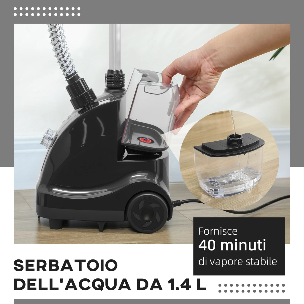 Stiratrice Verticale a Vapore 1.4L con Asta Estendibile in ABS e PP, Pratico Ferro Verticale con Ruote 26x21.5x29 cm Nero