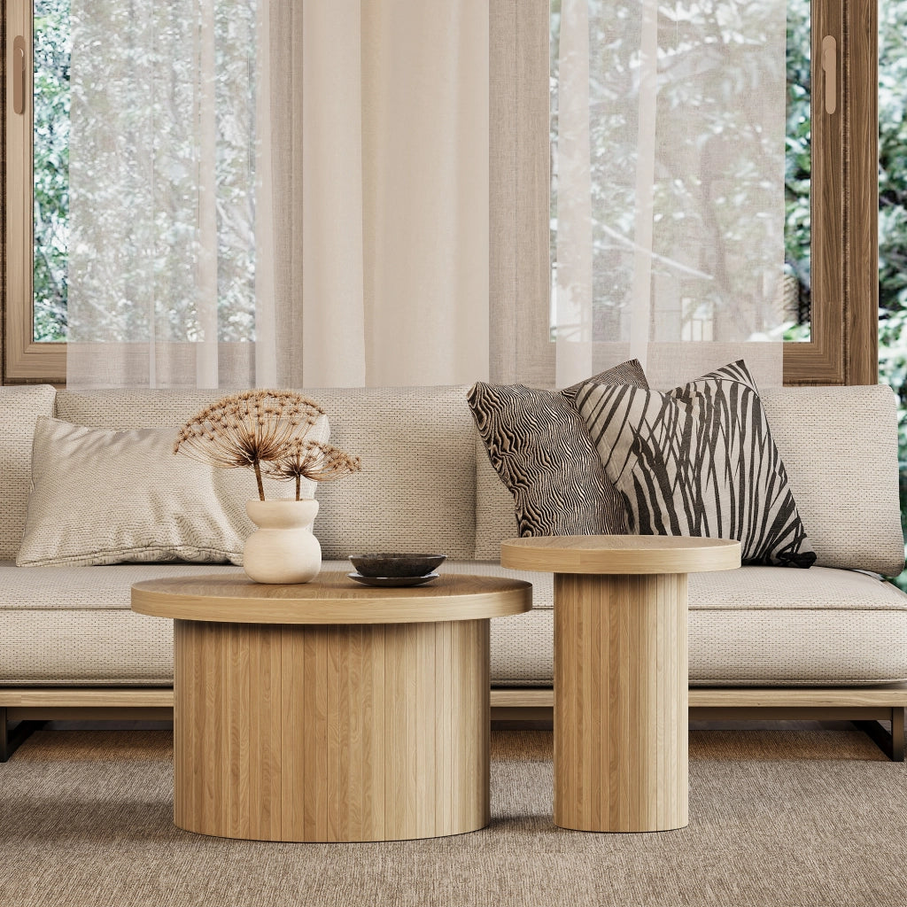 Tavolini da salotto impilabili modulari con struttura a doghe, stile naturale, in MDF, colore legno, per soggiorno