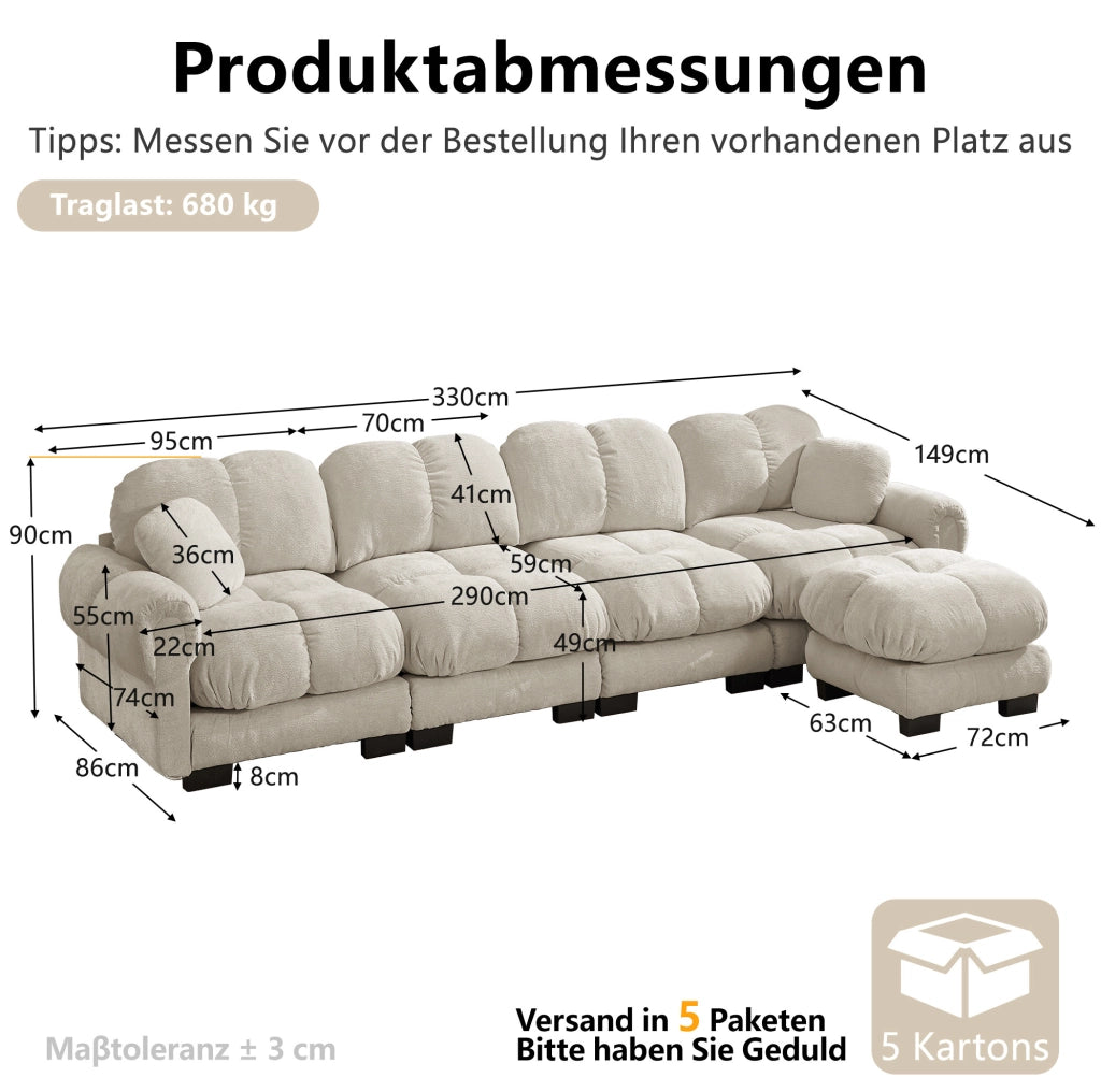 Divano angolare modulare 4 posti in tessuto chenille colore kaki chiaro, con pouf mobile e design ergonomico