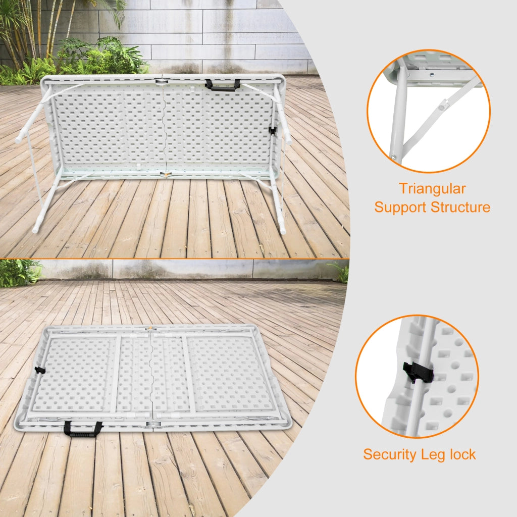Tavolo Pieghevole Portatile 125 cm con Altezza Regolabile, Telaio in Acciaio, Capacità 135 kg, Bianco