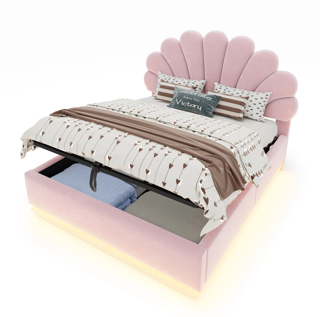Letto imbottito 140 × 200 cm con contenitore idraulico e LED; velluto rosa