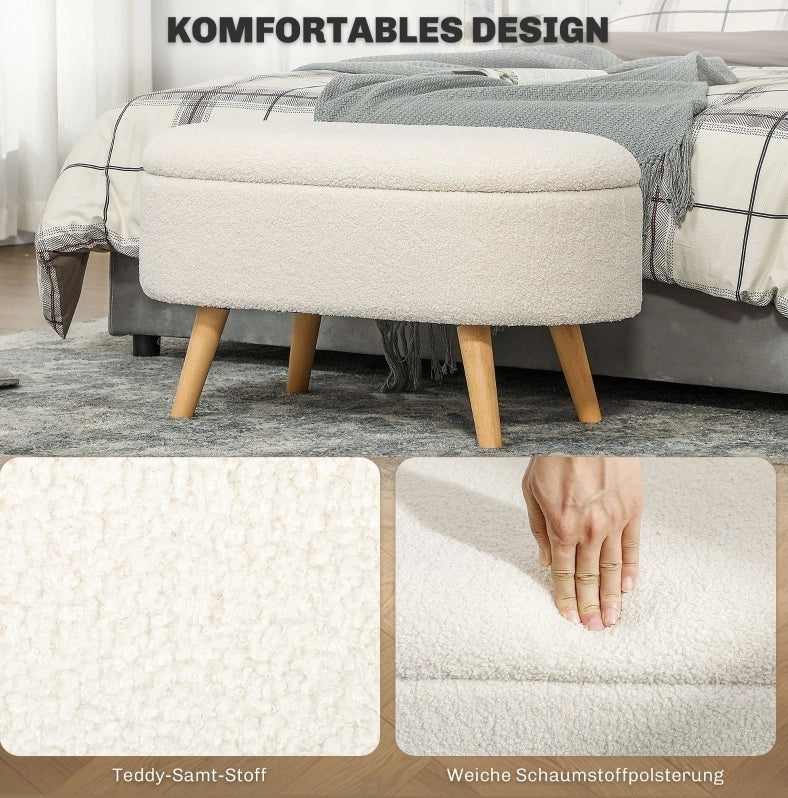 Panca con contenitore e coperchio in legno e tessuto bianco, 82x41x45 cm, per ingresso, soggiorno e camera da letto