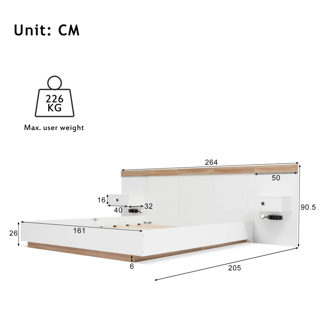 Letto 160x200 cm con 2 comodini LED, USB e USB-C in legno ingegnerizzato bianco e rovere Sonoma