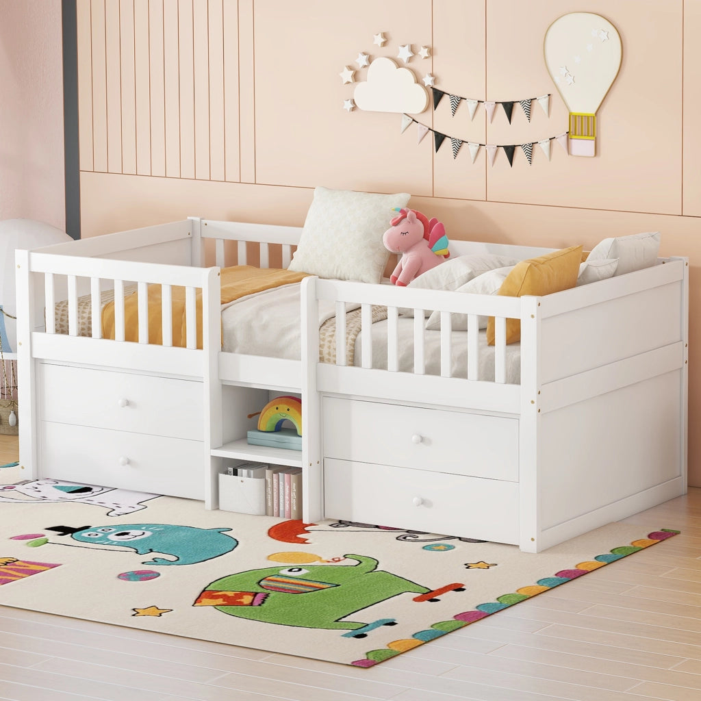 Letto a soppalco 90 × 200 cm 1 posto con 4 cassetti; barriere e scala; senza materasso; pino bianco