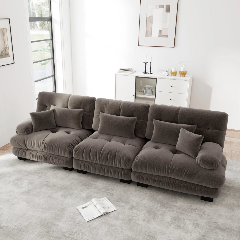 Divano angolare modulare 3 posti 313x77x81 cm con seduta profonda; chenille marrone