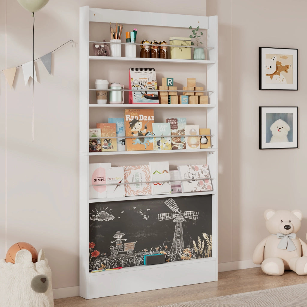 Set 2 Librerie per Libri Illustrati in Legno 100 x 10 x 180 cm con 4 Ripiani e Lavagna Bianco