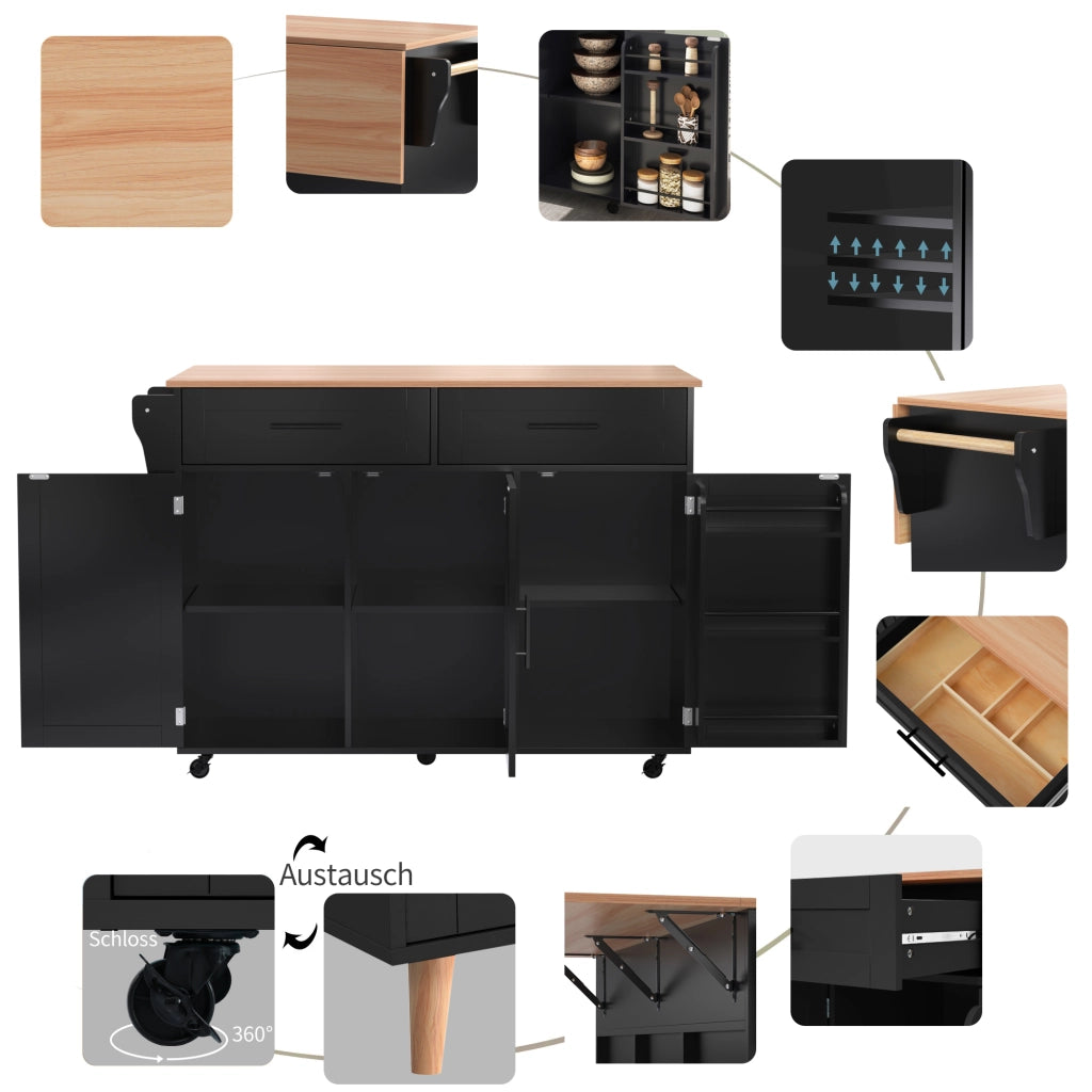 Carrello da cucina con 2 cassetti, ripiani regolabili, portasciugamani e piano pieghevole, nero, 129 × 71 × 91,5 cm