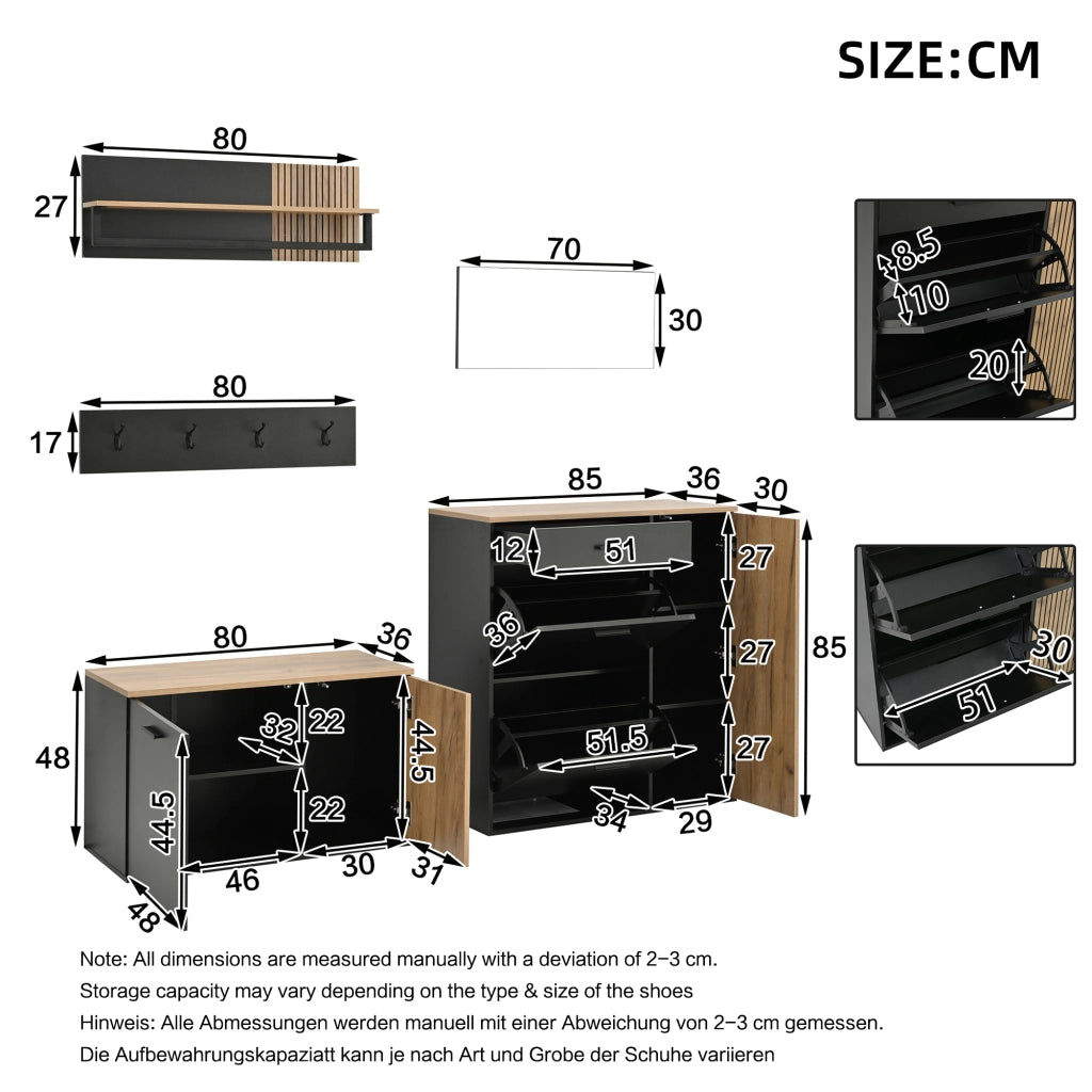 Set mobili da ingresso 5 pezzi; panca scarpiera da ingresso e armadietto; specchio e ganci; mobile da ingresso legno e nero