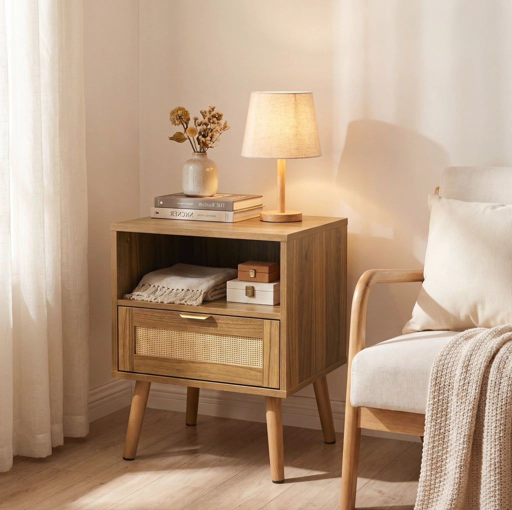 Comodino boho in rattan e MDF color noce con cassetto