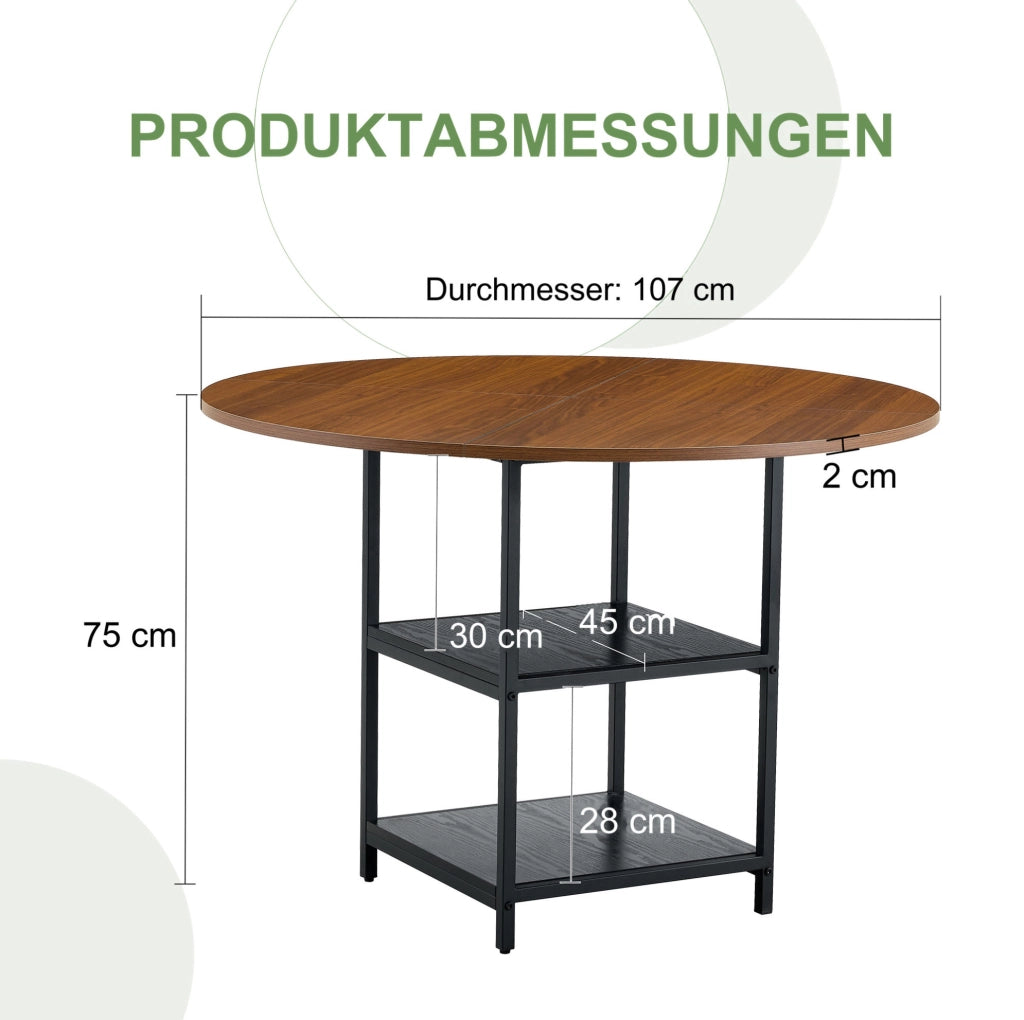 Tavolo da pranzo rotondo 107 cm in MDF effetto noce, nero, doppio ripiano, 2-4 persone