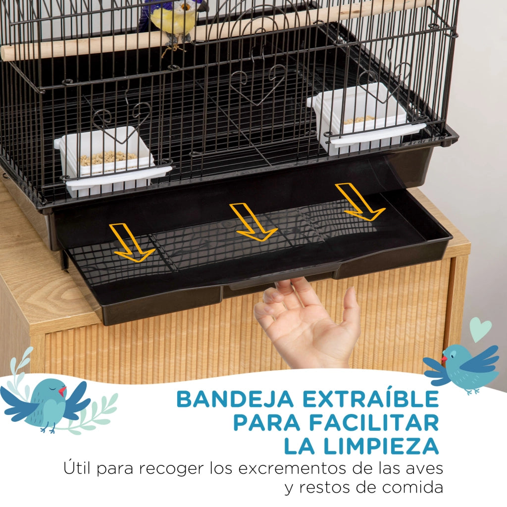 Gabbia per Uccelli in Acciaio con Vassoio Estraibile e 2 Mangiatoie ¨C Minimal ¨C 50.5x41x63 cm Nero