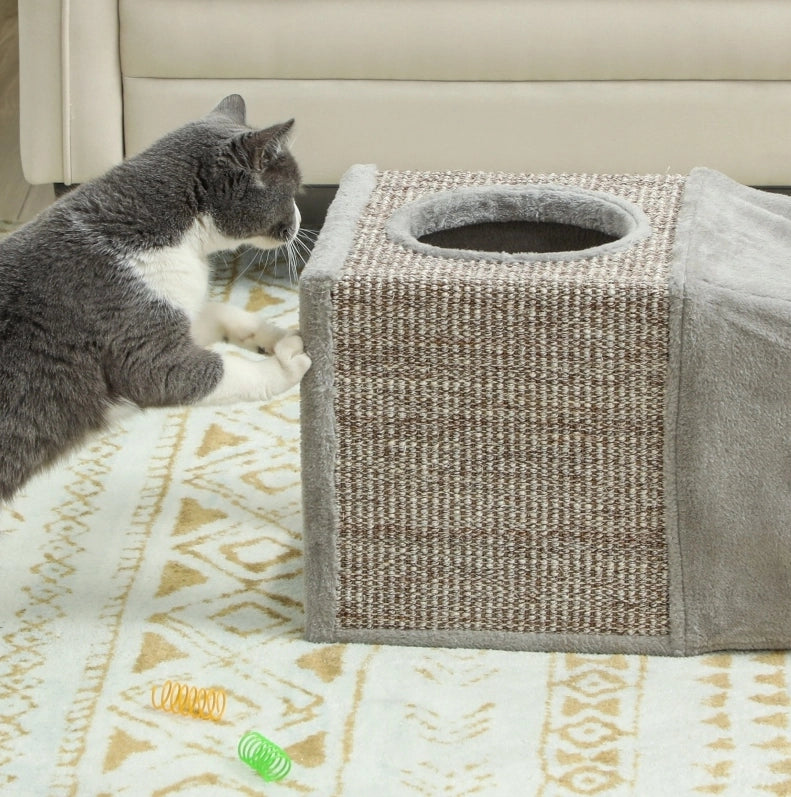 Tunnel pieghevole per gatti con due cucce e sisal