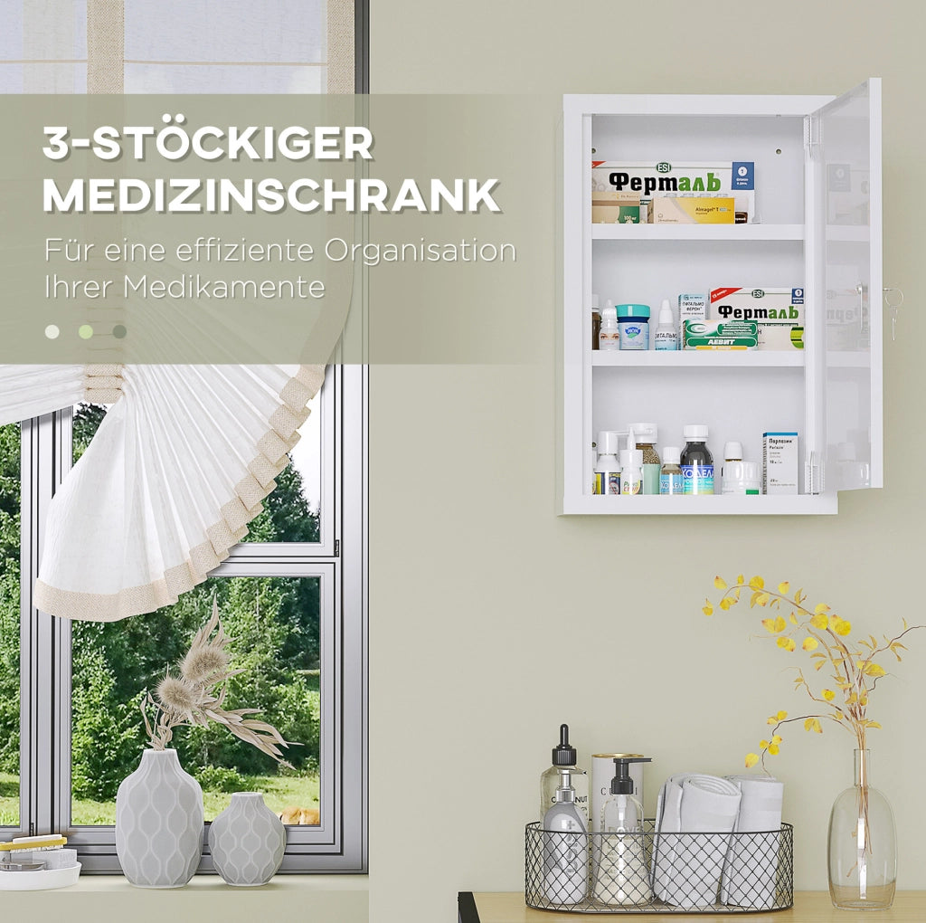 Armadio medicinale in acciaio bianco 30x14x46 cm con 3 ripiani, con chiusura a chiave e sicurezza bambini