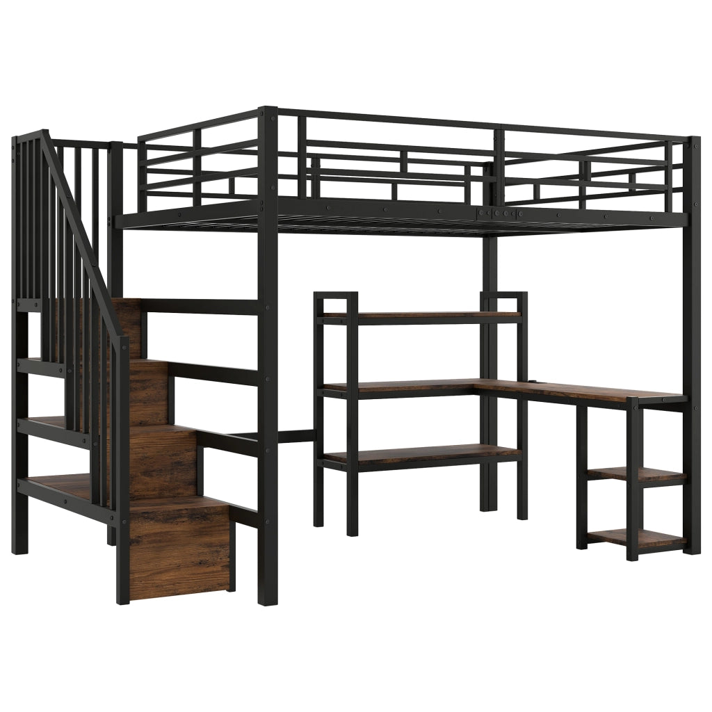 Letto a Soppalco con Scrivania, LED, USB, Cassetti e Scala ¨C MINIMAL ¨C Metallo Nero 140x200