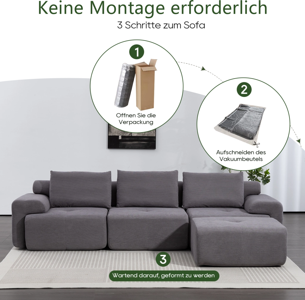 Divano angolare modulare senza telaio in tessuto a coste grigio scuro con pouf scorrevole e seduta profonda 63 cm