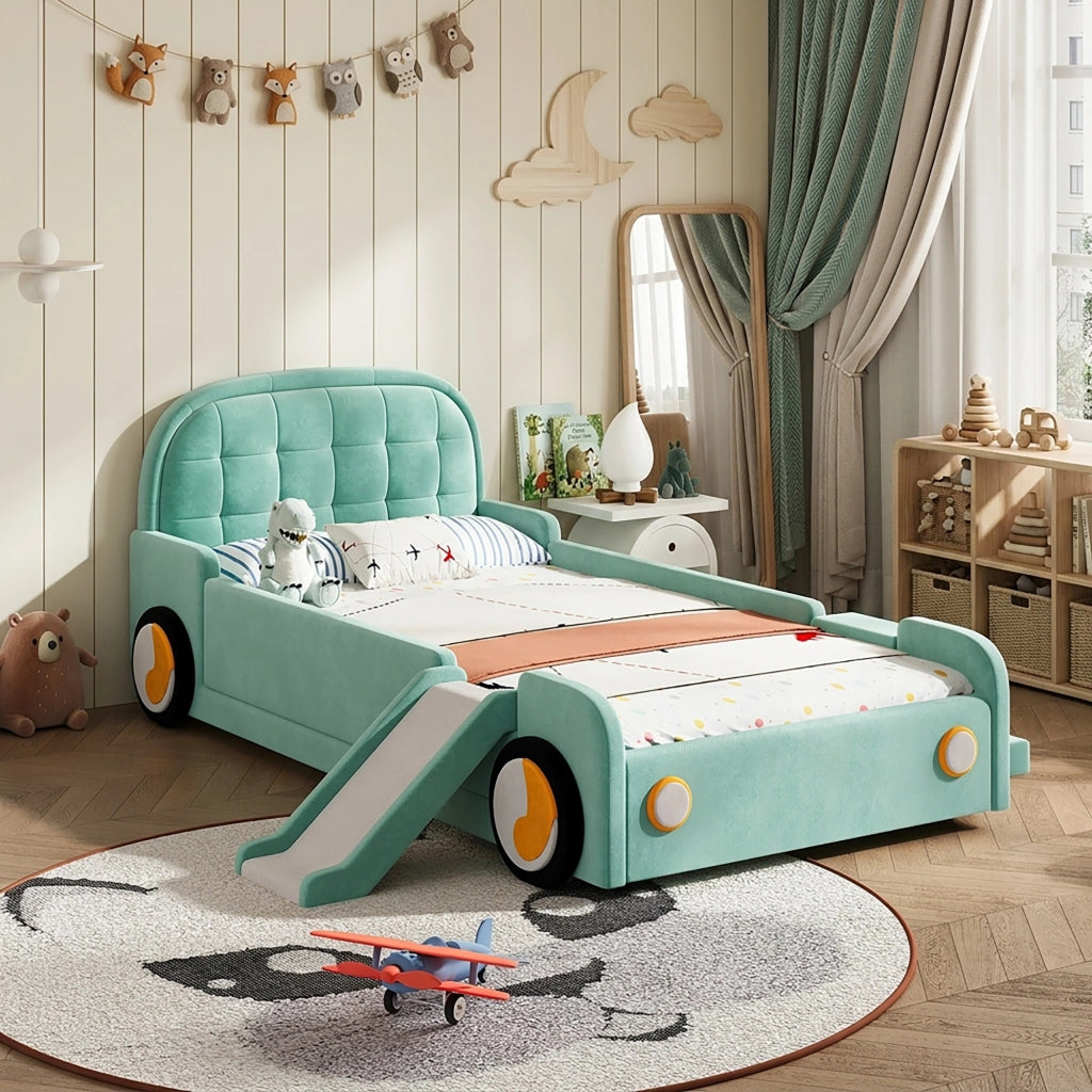 Letto auto per bambini 90x200 cm con scivolo e scala reversibili; imbottito in velluto blu-verde con protezione anticaduta