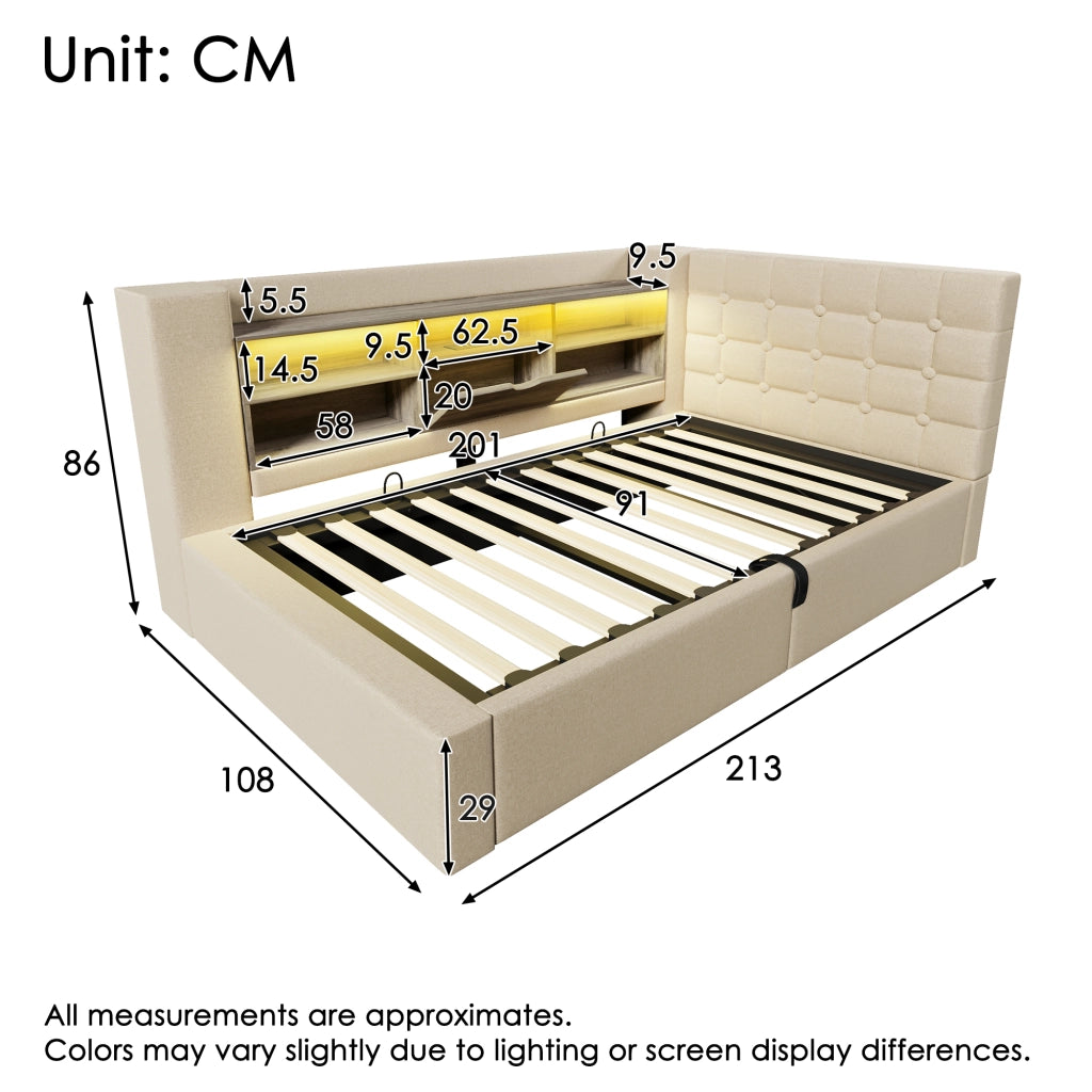 Letto singolo 90 × 200 cm con contenitore idraulico; LED regolabile e USB; materasso incluso; beige