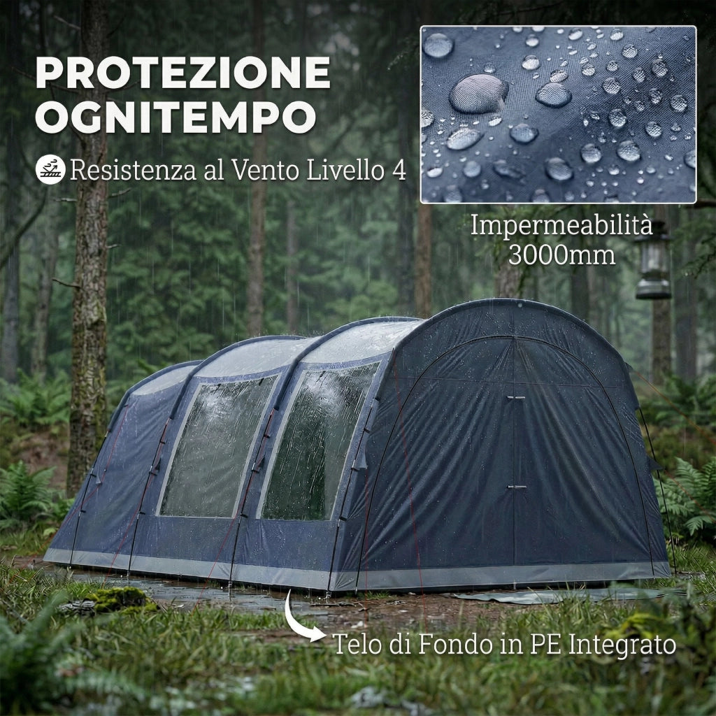 Tenda da Campeggio a Tunnel per 2-4 Persone 540x320x210 cm con 2 Stanze Impermeabile 3000mm Resistente Blu Navy