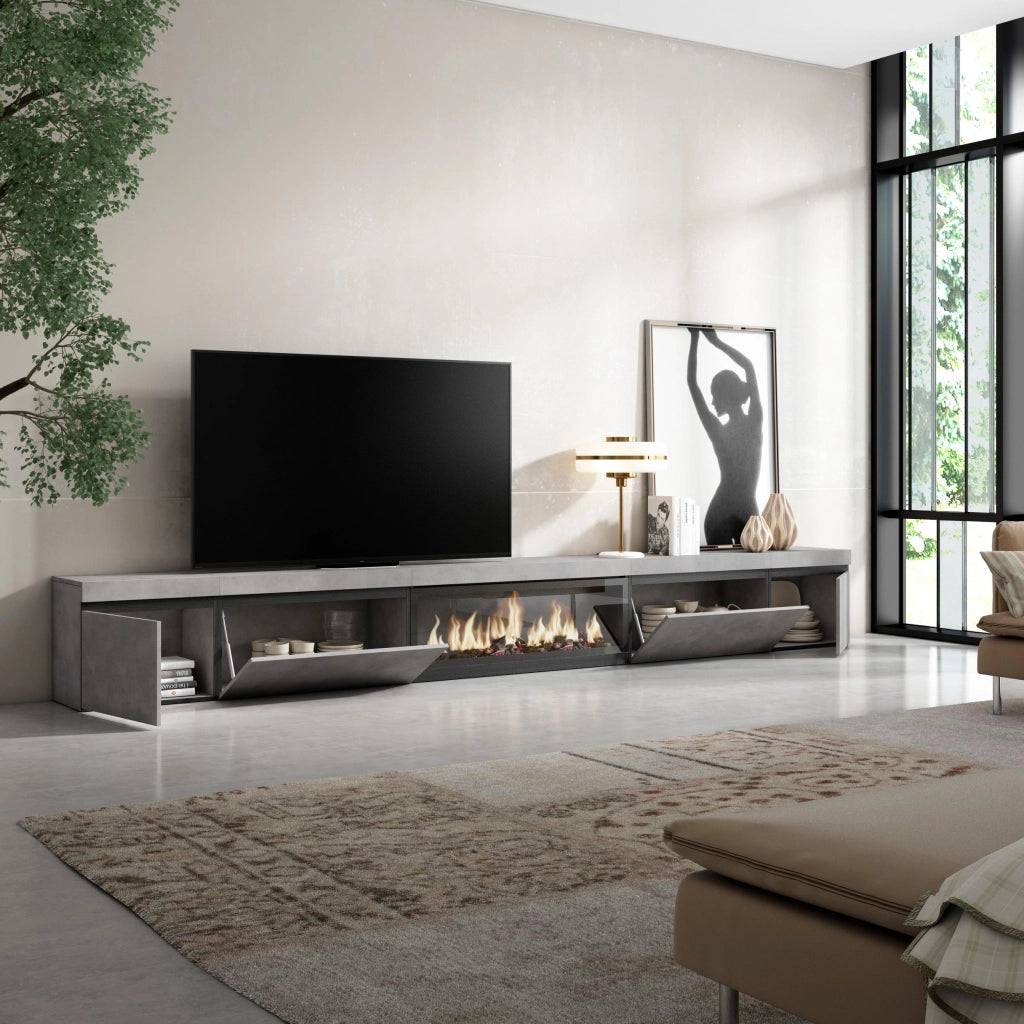 Mobile TV Soggiorno, 368x35x45, Camino elettrico XXL, grigio cemento RF3680