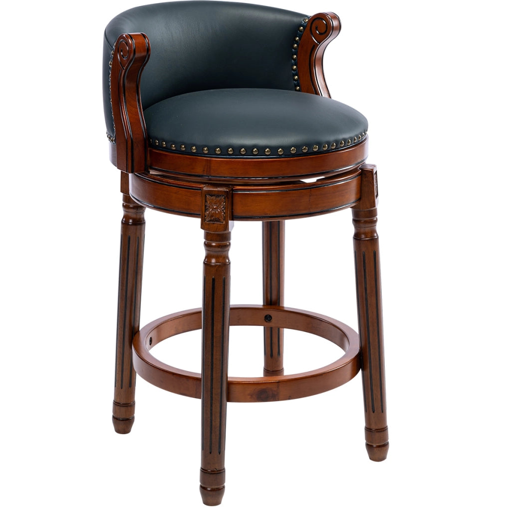 Sgabello da bar girevole 360° in legno e pelle blu con schienale, seduta 66 cm