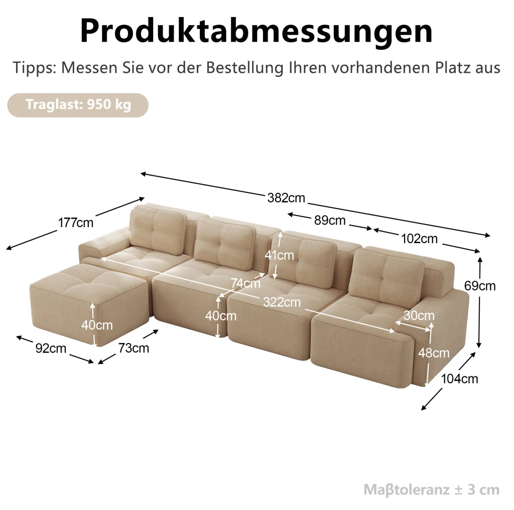 Divano modulare 4 posti con chaise longue a L, imbottito in velluto a coste beige senza braccioli