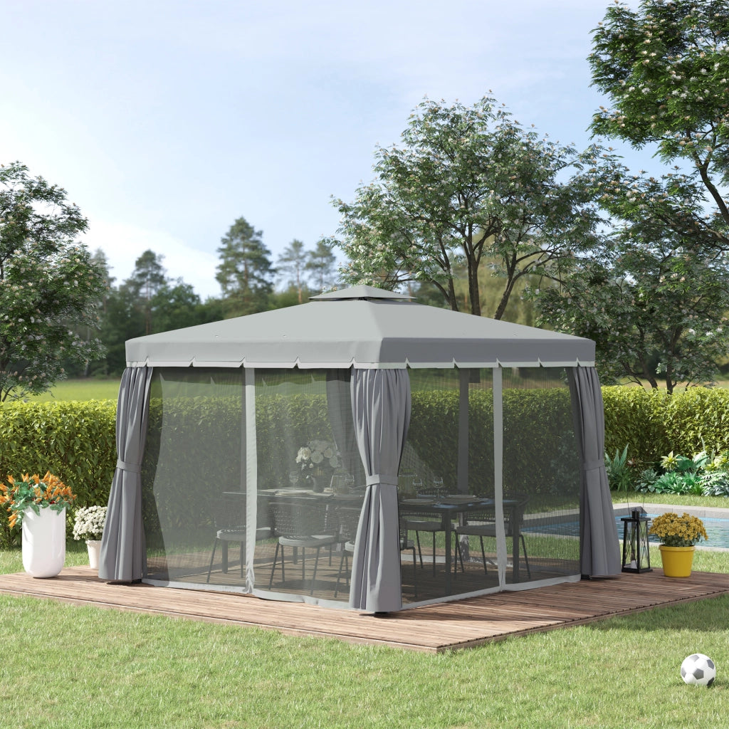 Gazebo da giardino 3 x 3 m con telaio in alluminio, doppio tetto ventilato, tende e zanzariere, grigio scuro