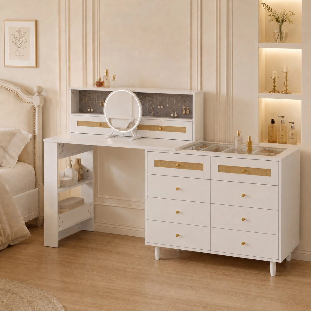 Toeletta ULEVR 105x50x107,5 cm con specchio, 10 cassetti, piano in vetro temprato e dettagli in rattan, bianca