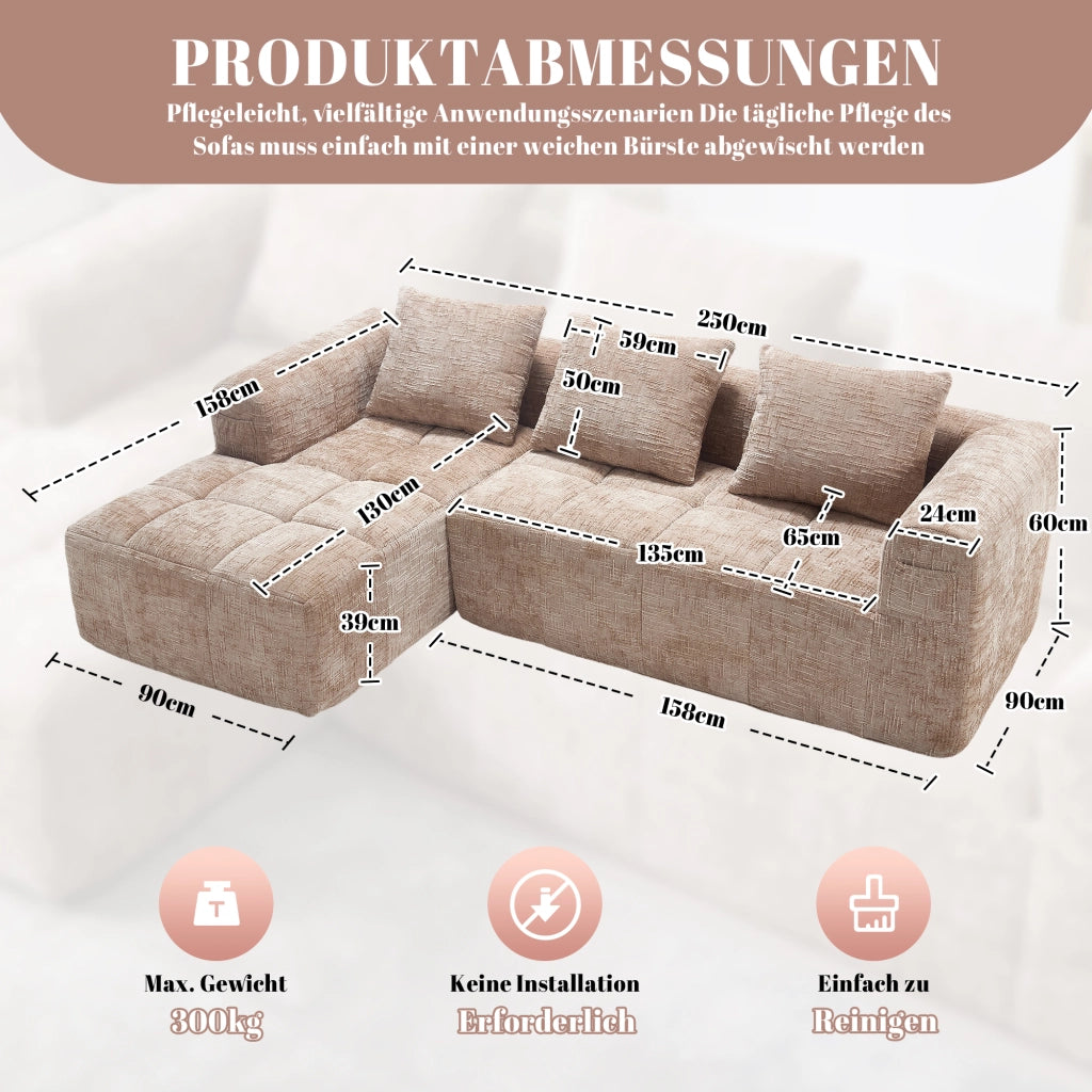 Divano componibile con chaise longue in ciniglia kaki e tasche laterali