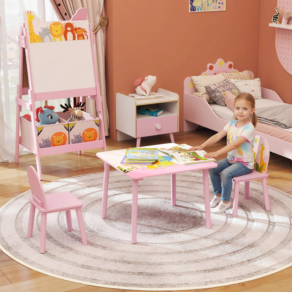 Set 3 Pezzi Tavolo e Sedie per Bambini 3-8 Anni in MDF e Legno di Pino Rosa con Motivi Animali Bordi Arrotondati Robusto Facile da Montare