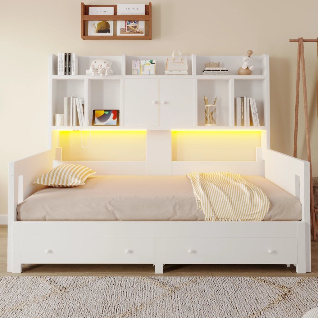 Divano Letto Estraibile in Legno 90x190 cm a 180x190 cm con Cassetti; Mensole; Prese e LED Bianco