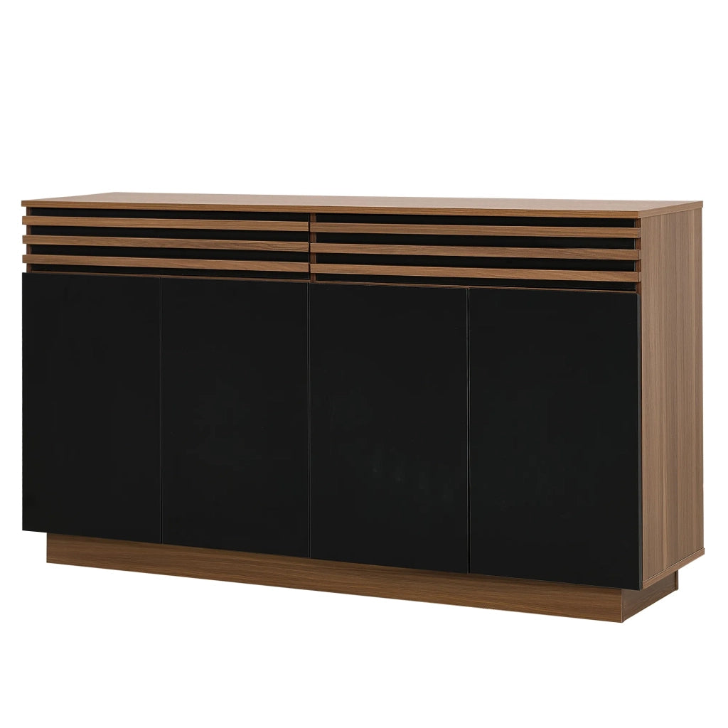 Sideboard moderno 150x40x85 cm, finitura legno marrone con ante nere, 2 cassetti e 4 ante. Ampio spazio contenitore per soggiorno, sala da pranzo e cucina