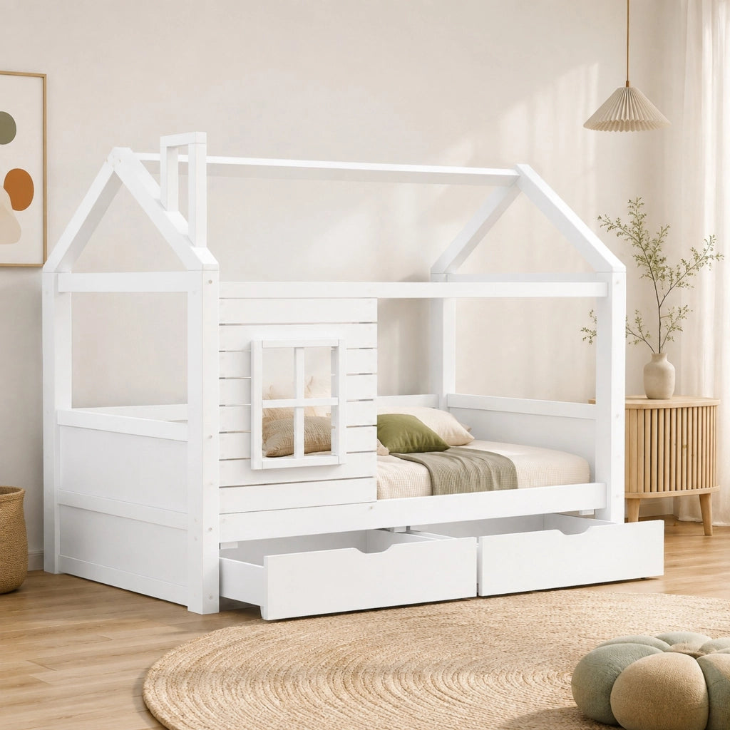 LETTO A CASETTA 90x200 cm Legno massello di pino Bianco con 2 cassetti