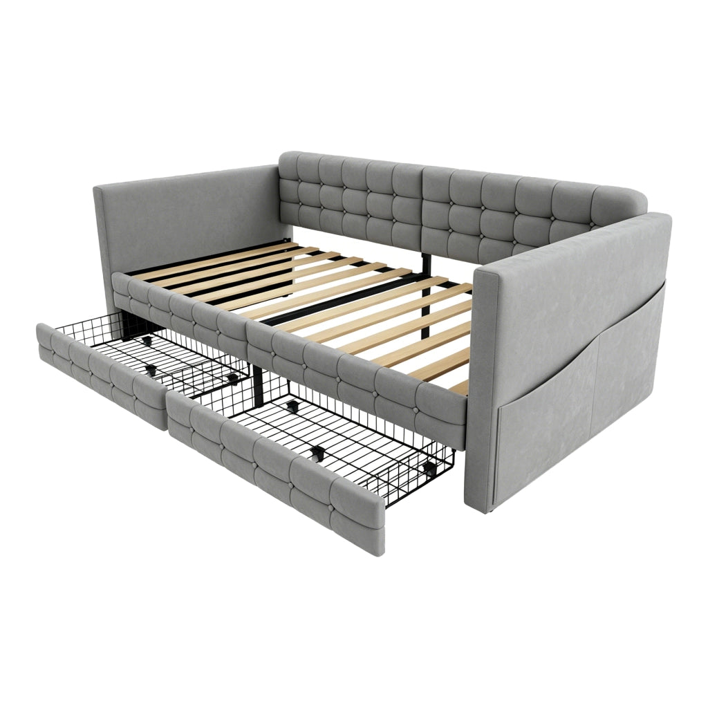 Letto con cassetti 90 × 190 cm imbottito con tasche laterali due cassetti e rete a doghe in velluto grigio chiaro