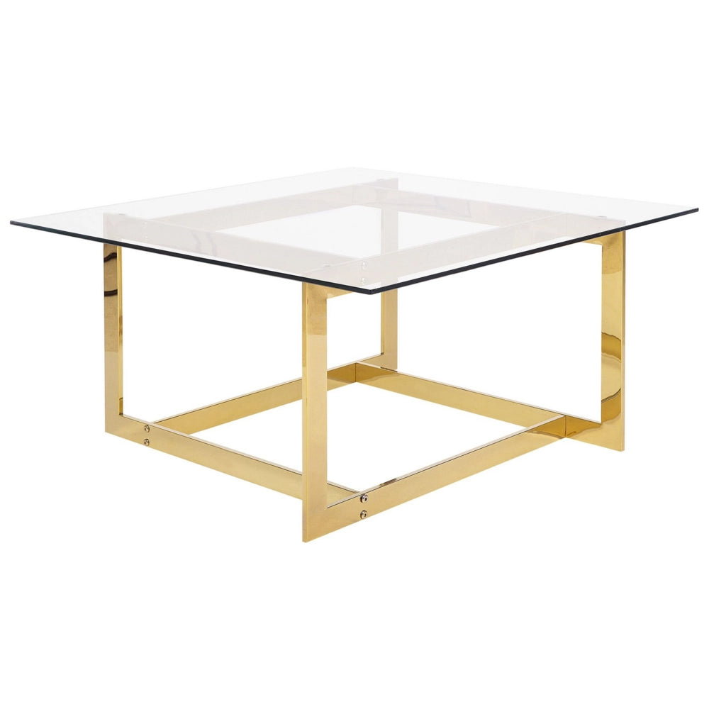 Tavolino da caffè con struttura in metallo dorato e piano quadrato in vetro dal design glam geometrico
