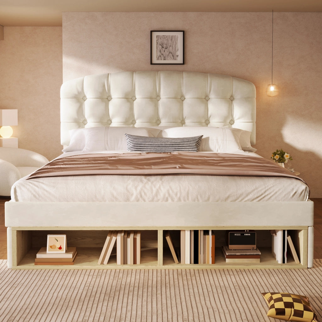 Letto con cassetti 140 × 200 cm con testiera regolabile imbottita in velluto beige e rete a doghe inclusa