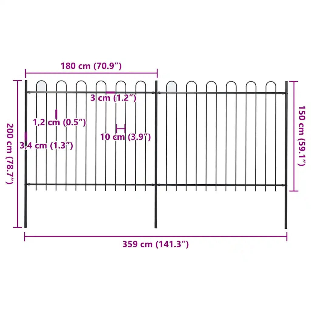 Recinzione da Giardino | Recinzione da cortile con parte superiore ad anello in acciaio 359x150 cm nera