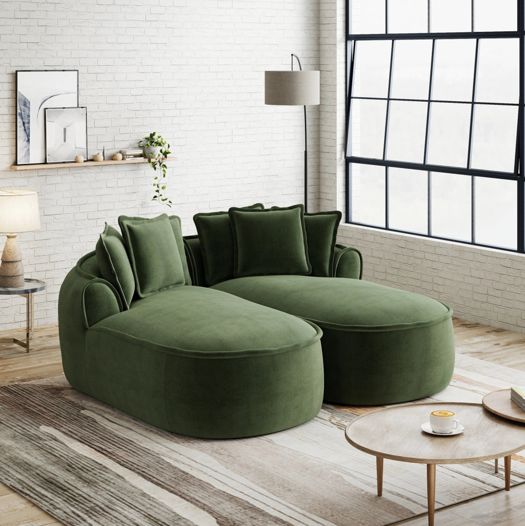 Divano modulare doppio verde in tessuto chenille, design senza telaio con chaise longue extra profonda e cuscini inclusi