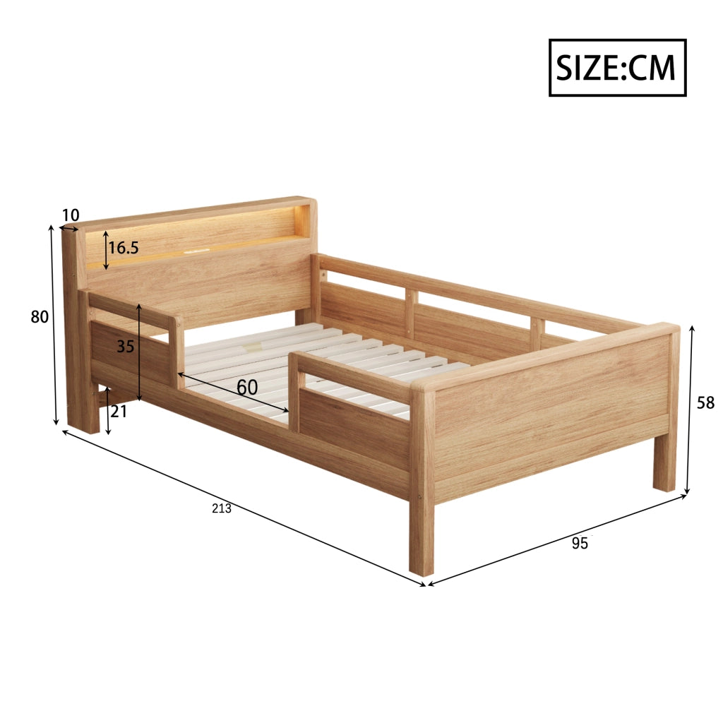 Letto per bambini 90 x 200 cm, con presa di ricarica, luci a LED, sponde di sicurezza in pino, legno naturale