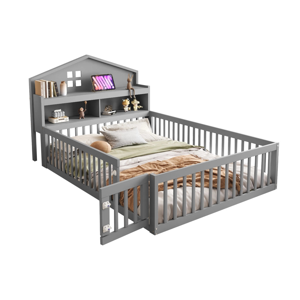 Letto per bambini a pavimento 140 × 200 cm con lavagna ripiani protezione porta e rete a doghe grigio