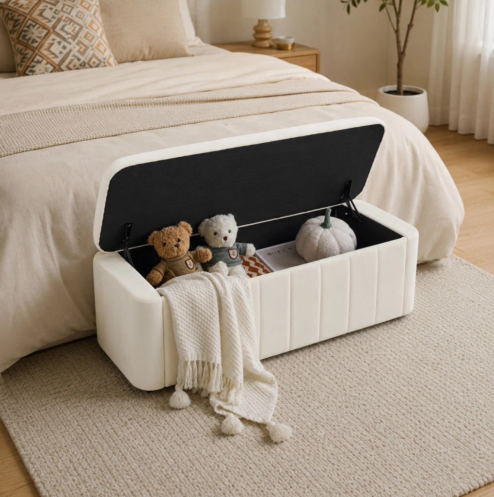 Panca contenitore imbottita in velluto beige con seduta removibile e trapuntatura