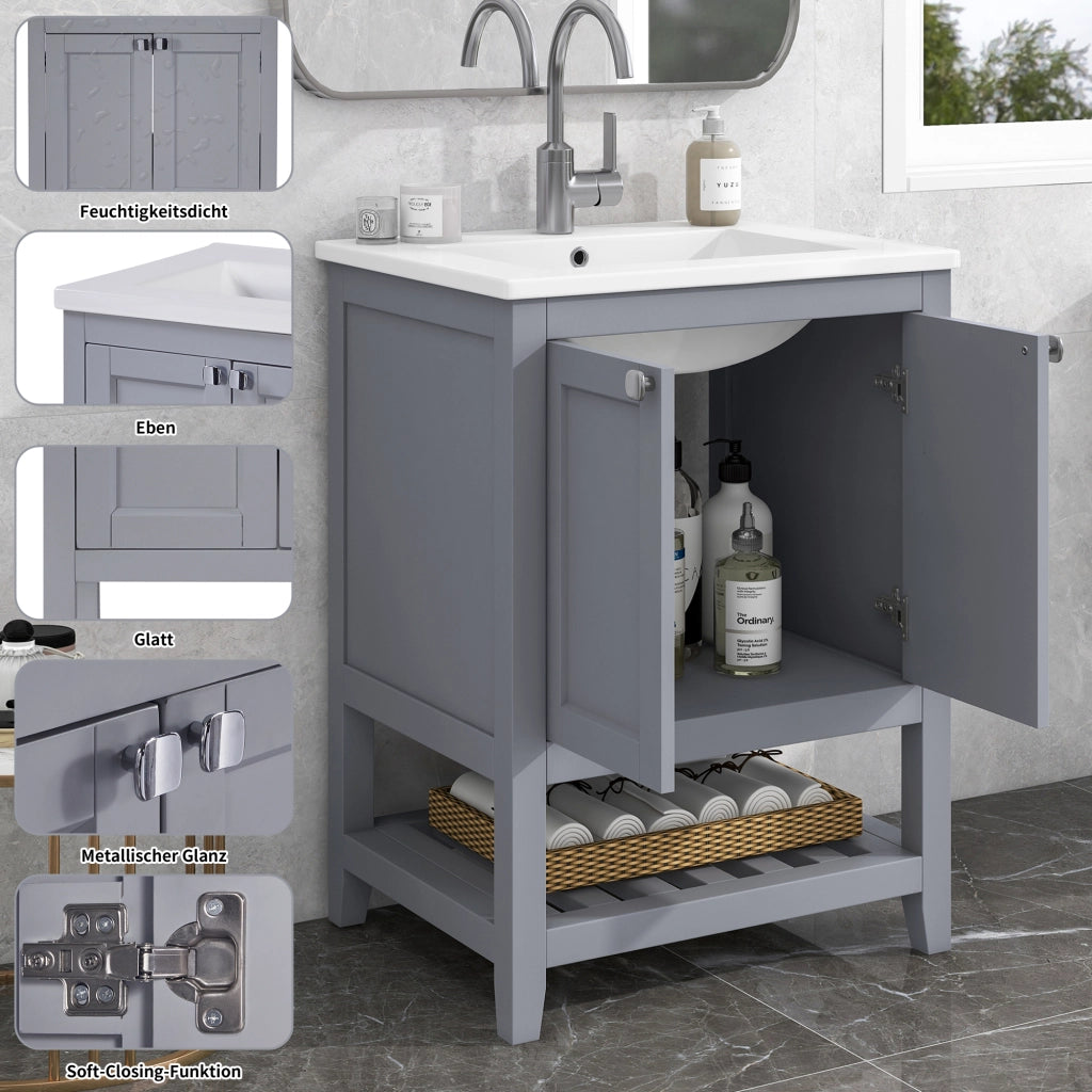 LAVABO CON MOBILE 60 cm Grigio e Bianco in Legno Massello e MDF
