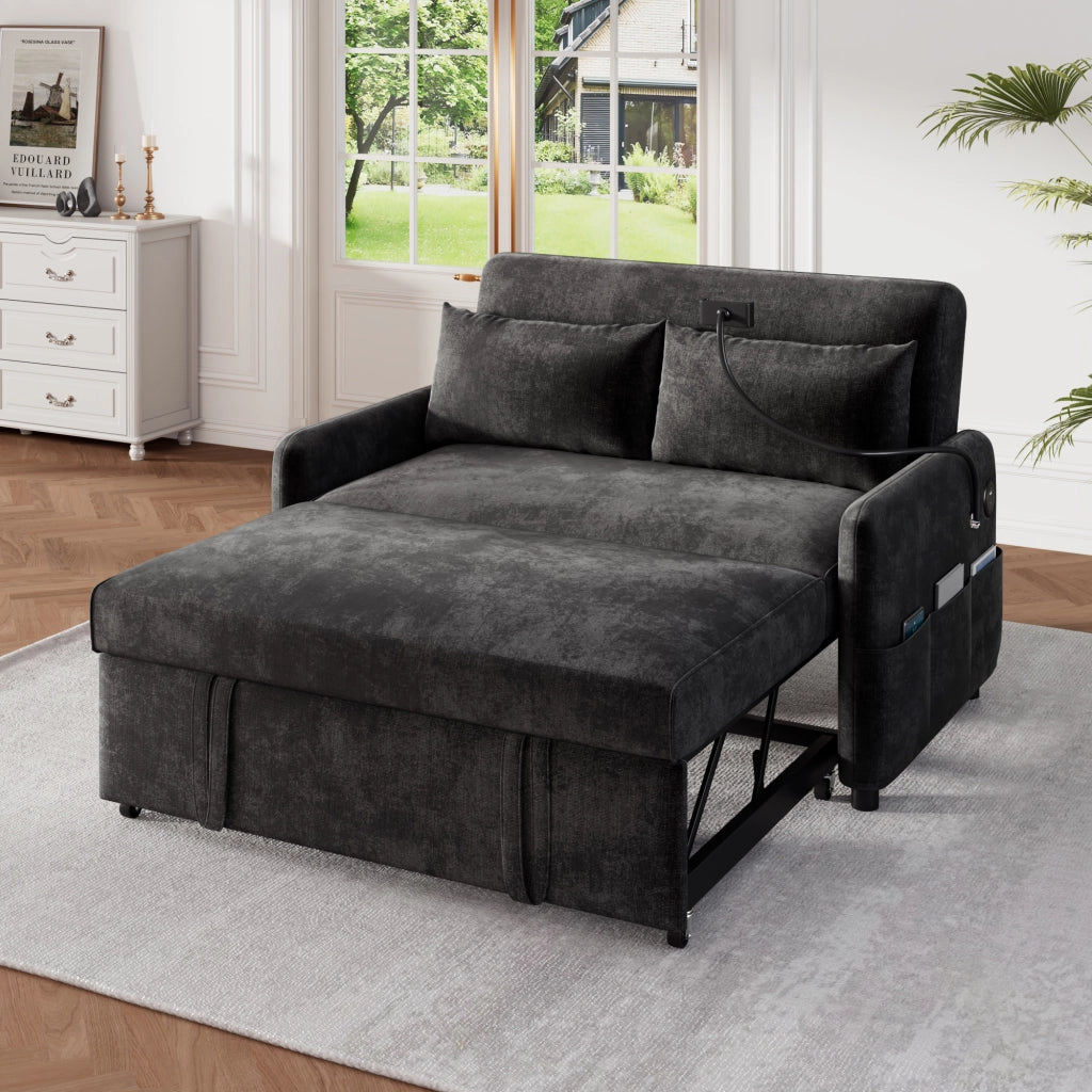 OKWISH Divano Letto 2 Posti, Schienale Regolabile a 3 Posizioni con Porte USB, Supporto per Telefono e Tasche, Ciniglia Grigia