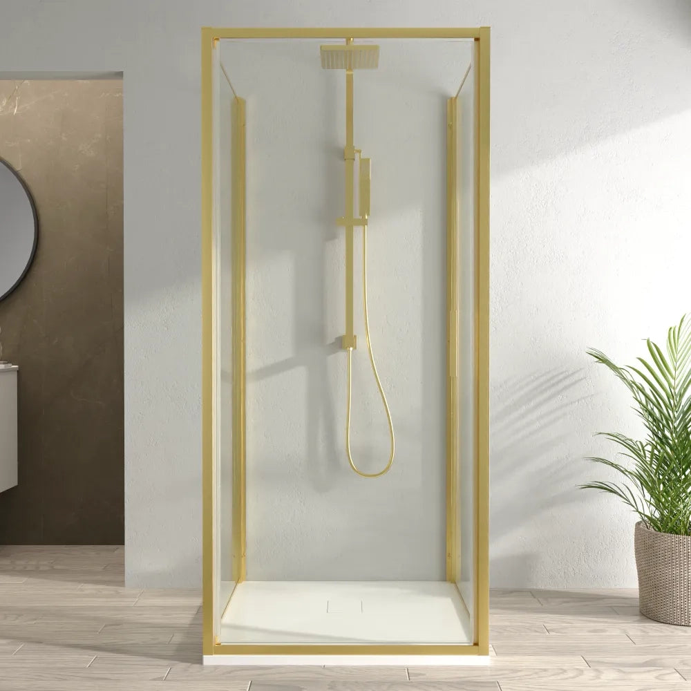 Box doccia 3 lati 90x100x90cm con porta a battente profili oro spazzolato vetro 6mm trasparente anticalcare h190| Portofino