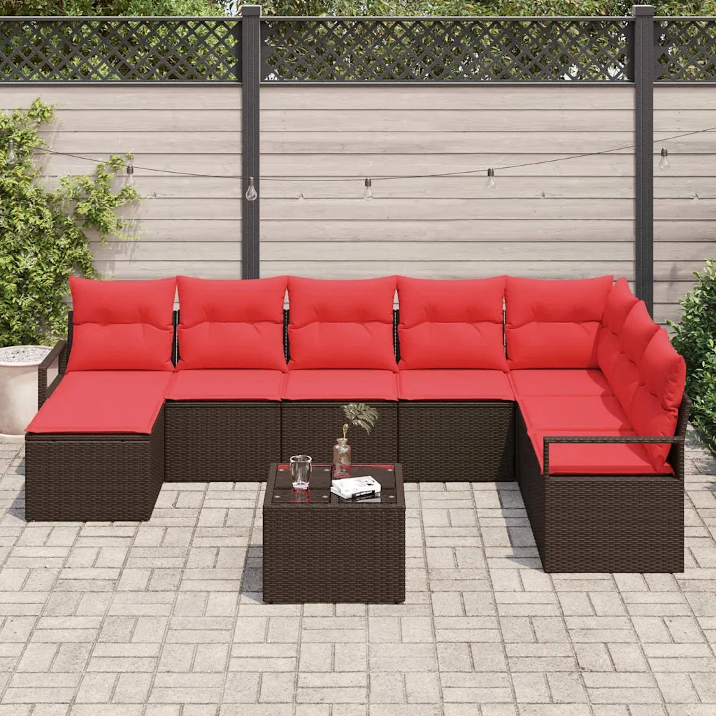 Set di divani con cuscino 9 pcs Marrone e Rosso polyrattan 3355183