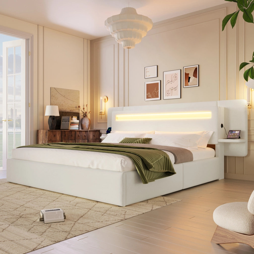 Letto imbottito 180 × 200 cm in lino beige con vano contenitore idraulico LED multicolore USB e comodino