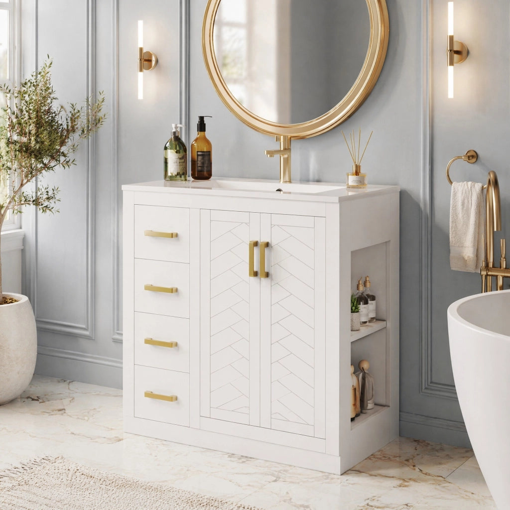 Mobiletto con lavabo in ceramica con 3 cassetti; 2 ante e ripiani laterali aperti bianco 76.5 × 46.5 × 84.5 cm