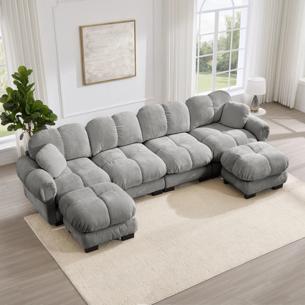 Divano modulare a U 4 posti 330x149x90 cm in ciniglia grigio chiaro, 2 pouf