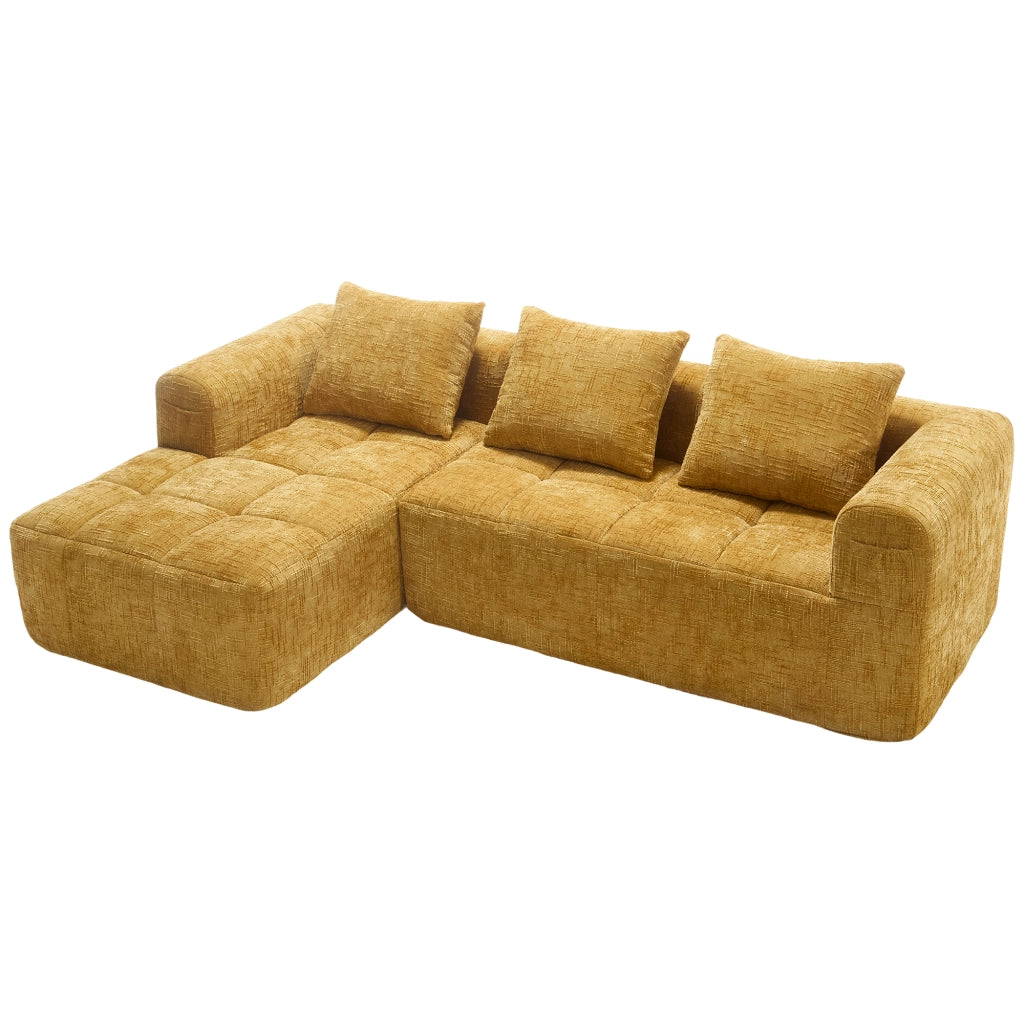 Divano modulare con chaise longue e tasche laterali in ciniglia gialla