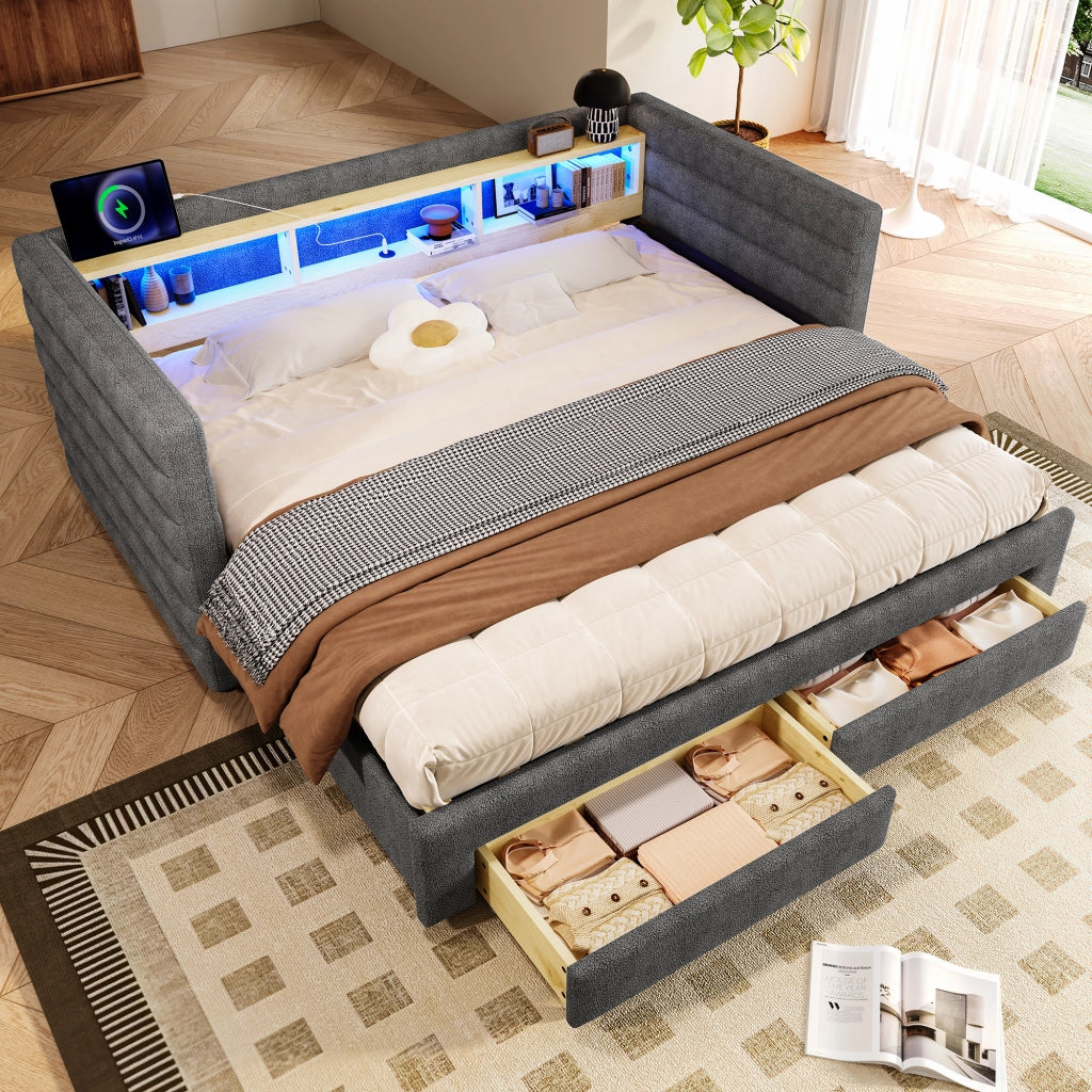 Letto divano singolo 90 × 190 cm estraibile; 2 cassetti; LED; USB e Type-C; senza materasso; in velluto grigio